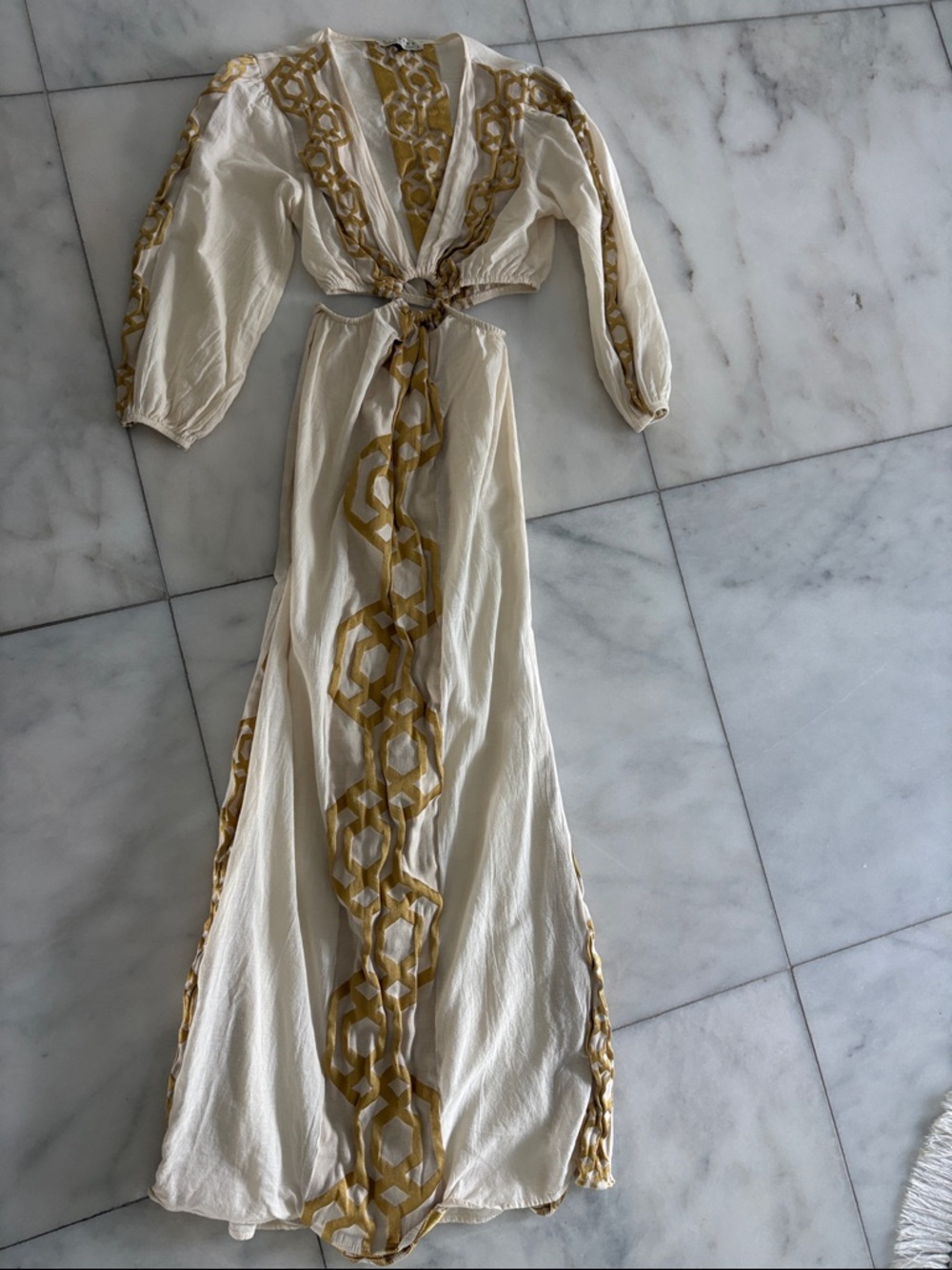 Bohemian Cream Maxi Dress with Gold Embroidered Trim